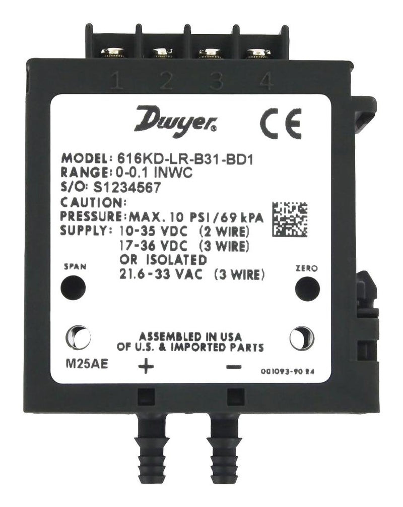 DWYER 616KD-LR-B42-BD1 Pressure Transmitter, 1 % Accuracy, 0.25 Inch-H2O