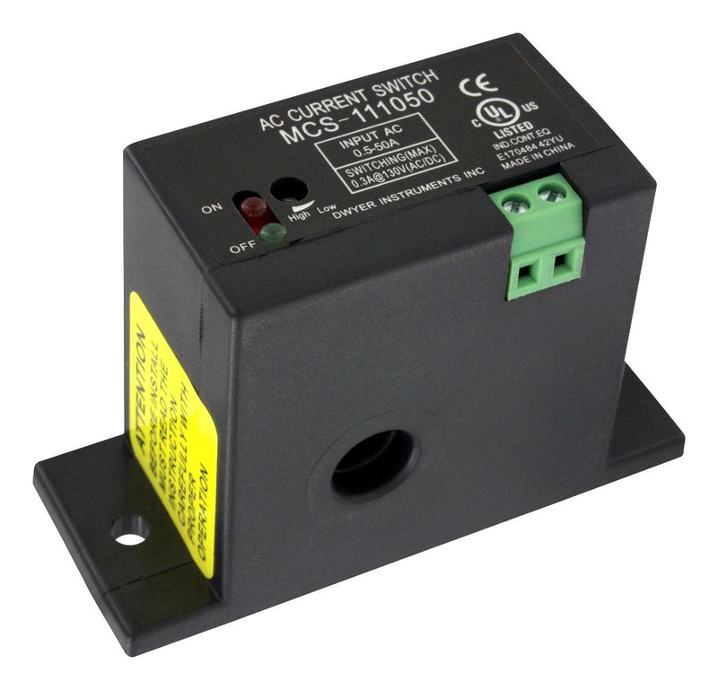 DWYER MCS-111050 Current Switch, Volt/Current Output, Solid Core, Adjustable Set Point, 0.5 A to 50 A, Red/Green LED