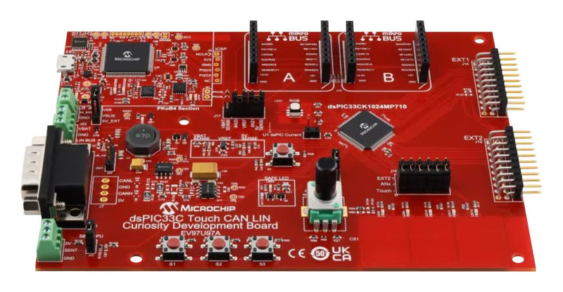 MICROCHIP EV97U97A Evaluation Board, Curiosity dsPIC, dsPIC33CK1024MP710-I/PT, MCU, 16bit, mikroBUS Click