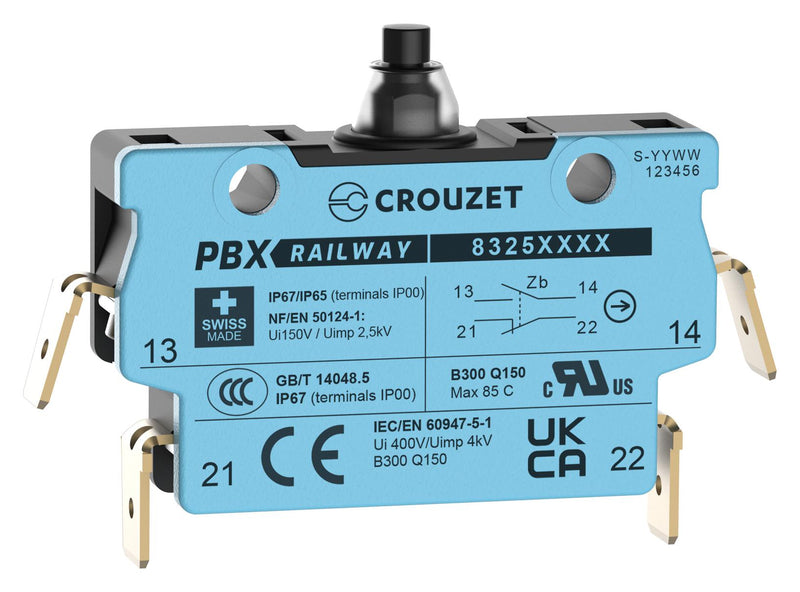 CROUZET 83250210 Microswitch, IP67, Standard, Pin Plunger, SPDT-DB, Quick Connect, Right Angle, 2 A