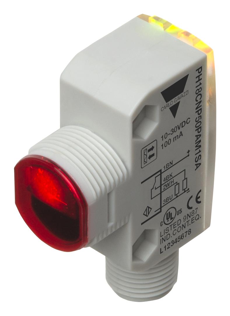 CARLO GAVAZZI PH18CNP50PAM1SA Photoelectric Sensor, 5m, PNP/SPST-NO/SPST-NC, Polarized Retroreflective, 10 to 30 V, PH18CNP Series