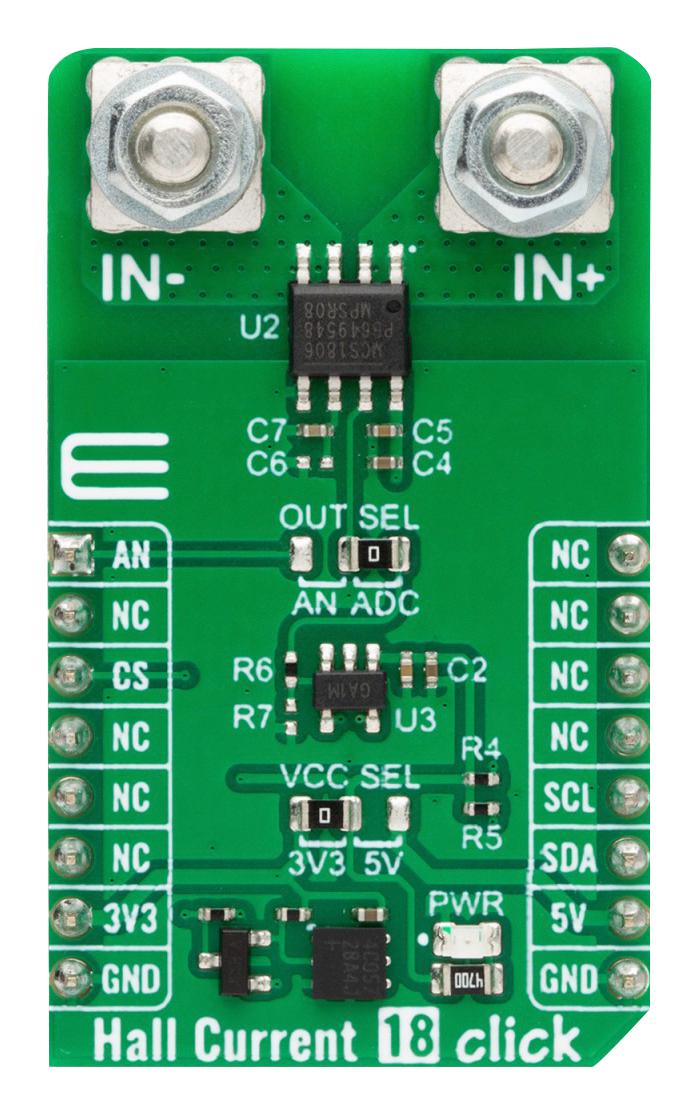 MIKROELEKTRONIKA MIKROE-5832 Add-On Board, Hall Current 18, MCS1806GS, Hall-Effect Current Sensor, I2C, 3.3V/5V in