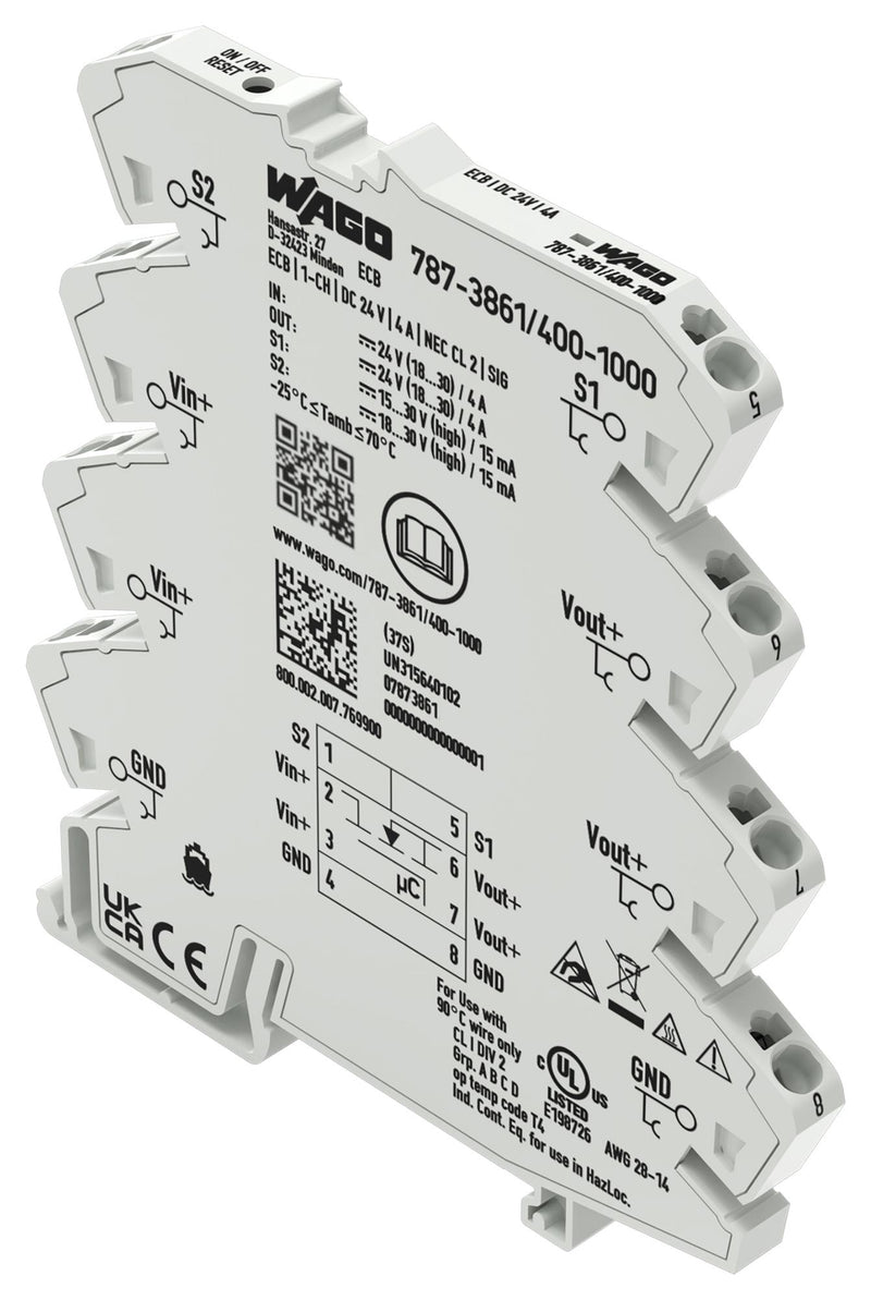 WAGO 787-3861/400-1000 Electronic Circuit Breaker, 787 Series, 1 Pole, 24 VDC, DIN Rail, 4 A