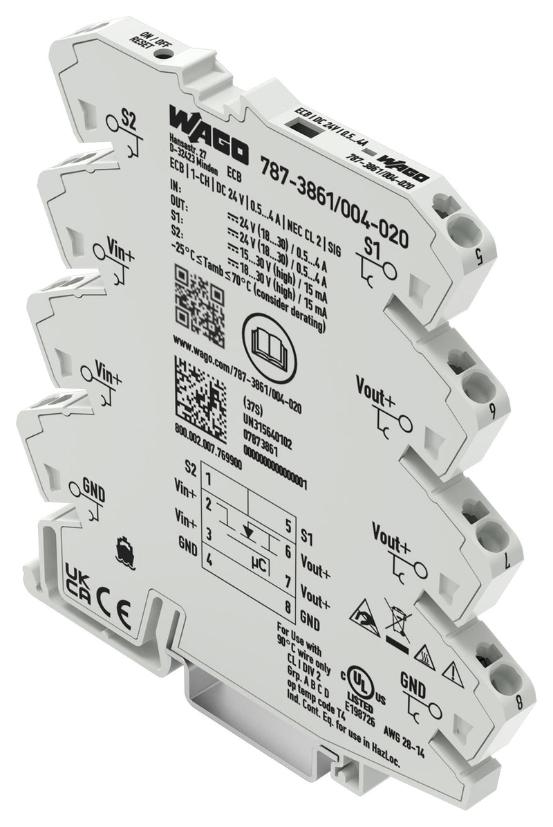 WAGO 787-3861/004-020 Electronic Circuit Breaker, 787 Series, 1 Pole, 24 VDC, DIN Rail, 4 A
