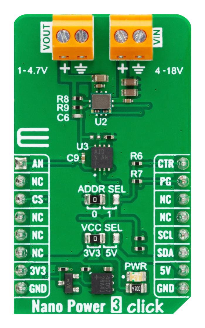 MIKROELEKTRONIKA MIKROE-5783 Add-On Board, Nano Power 3 Click, 3.3V/5V in, I2C Interface