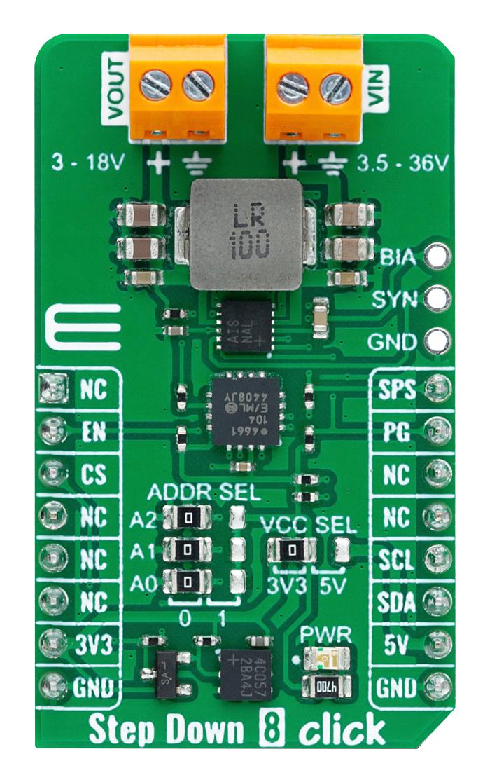 MIKROELEKTRONIKA MIKROE-5813 Add-On Board, Step Down 8 Click, 3.3V/5V in, I2C Interface
