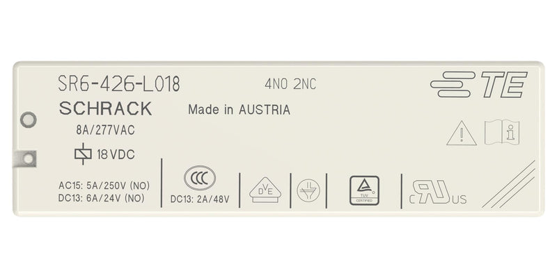 SCHRACK - TE CONNECTIVITY 2-1558737-6 Power Relay, 4PST-NO, DPST-NC, 18 VDC, 8 A, SR6 Series, Through Hole, Non Latching