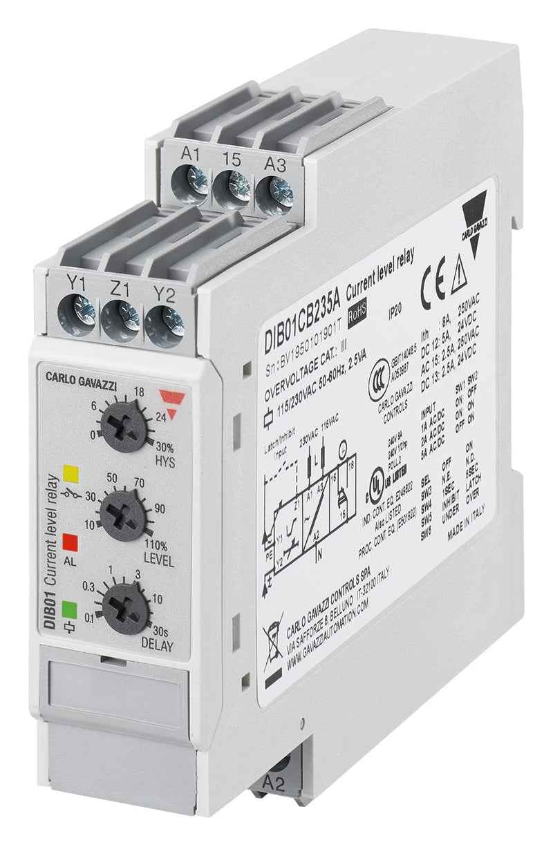 CARLO GAVAZZI DIB01CD485A Current Monitoring Relay, 1-Phase, IP20, DIB01 Series, SPDT, 8 A, DIN Rail, 250 V, Screw