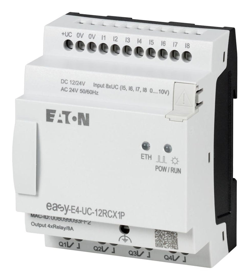 EATON MOELLER EASY-E4-UC-12RCX1P Control Relay, 8 Input / 4 Output Digital, 4 Input Analog, 20.4 to 28.8 VDC, IP20, easyE4 Series