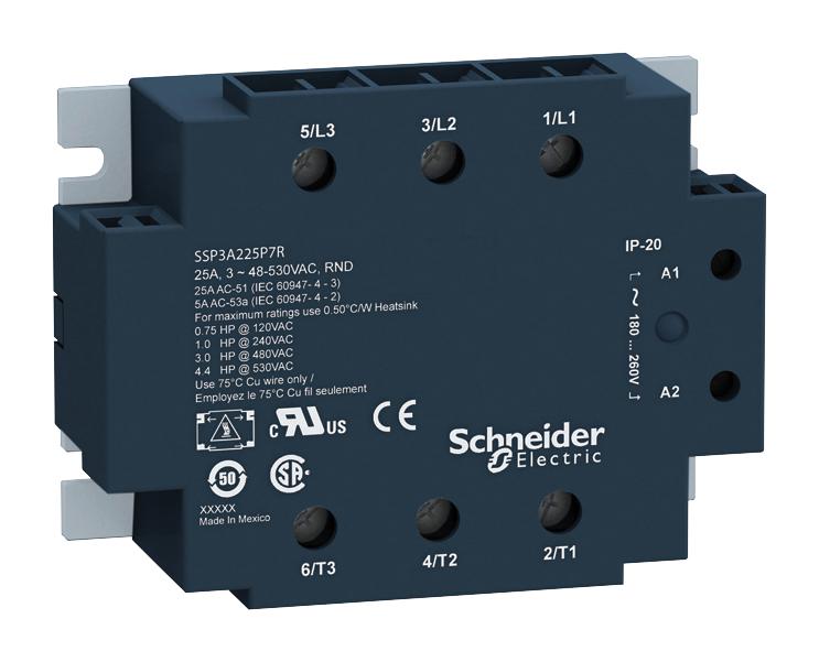 SCHNEIDER ELECTRIC SSP3A225BDT Solid State Relay, 3PST-NO, 25 A, 530 VAC, Panel Mount, Screw, Zero Crossing
