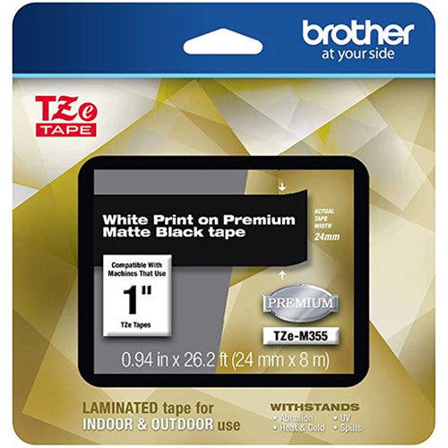 Brother Laminated Tape for P-Touch Label Makers (White on Matte Black, 1" x 26.2')