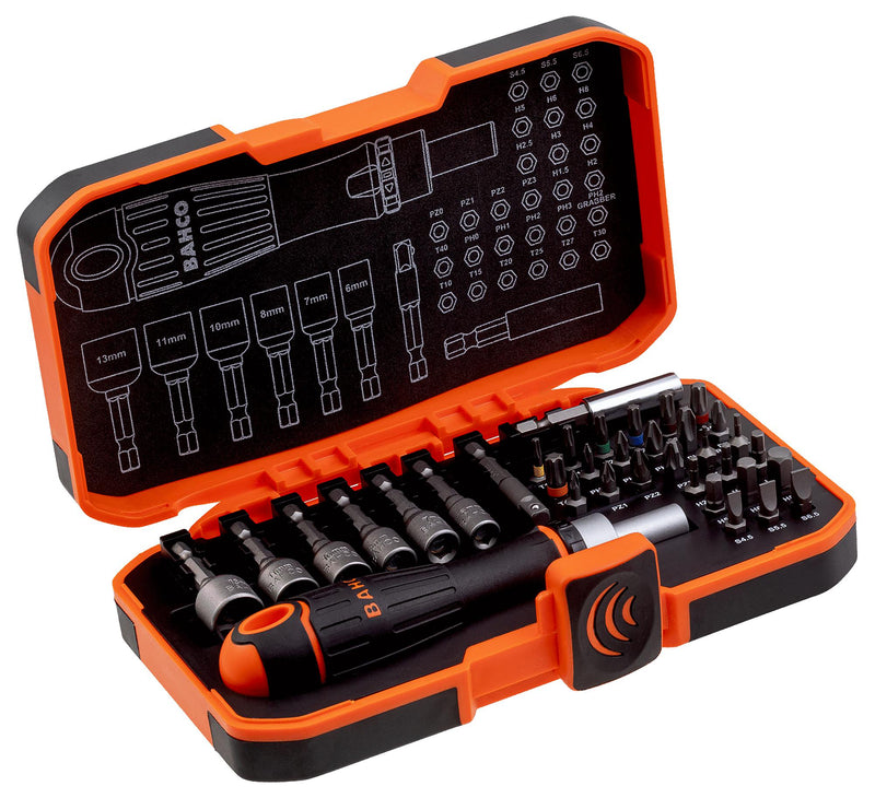 BAHCO 59/S36BCR Screwdriver Set, PH/PZ/TX Bits, Nut Drivers, 1/4" Bit Holder & Socket Adapter, Bit Holder, 36 Pieces