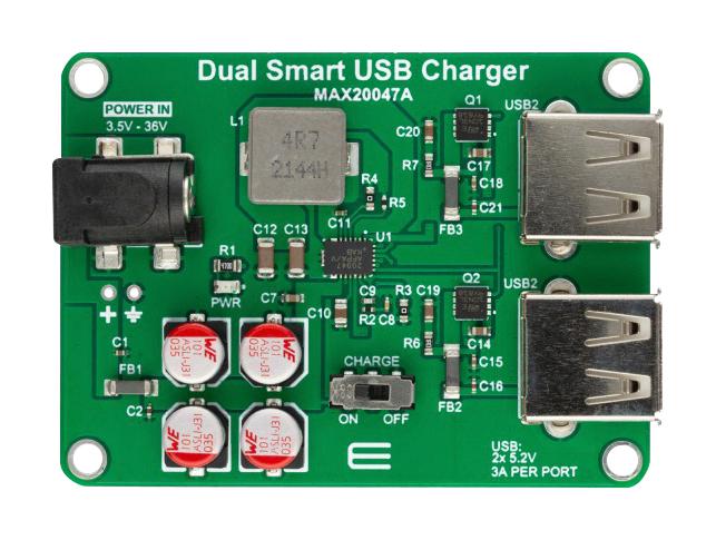 MIKROELEKTRONIKA MIKROE-5799 Add-On Board, MAX20047A, Dual Smart USB Charger, 3.5 to 36V, MCU Development Boards