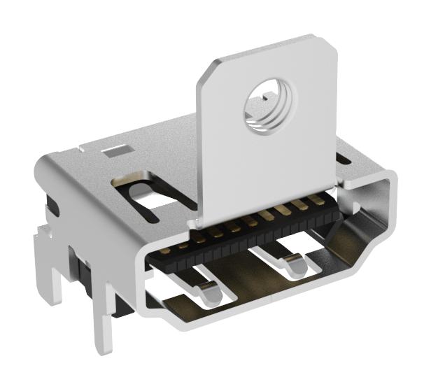 AMPHENOL COMMUNICATIONS SOLUTIONS G45AA1922110GZ3HR HDMI Connector, w/ Flange Screw Lock, 19 Contacts, Receptacle, PCB Mount, Surface Mount Right Angle