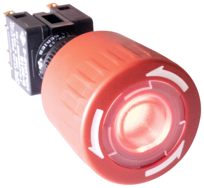 E-SWITCH E100-R11-H1KR Emergency Stop Switch, Illuminated, Red, 24VDC, SPST-NC, SPST-NO, Pushlock Turn Reset, Solder Lug