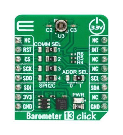 MIKROELEKTRONIKA MIKROE-5921 Add-On Board, Barometer 13 Click, 12C, SPI Interface, MikroE mikroBUS Compatible Development Board