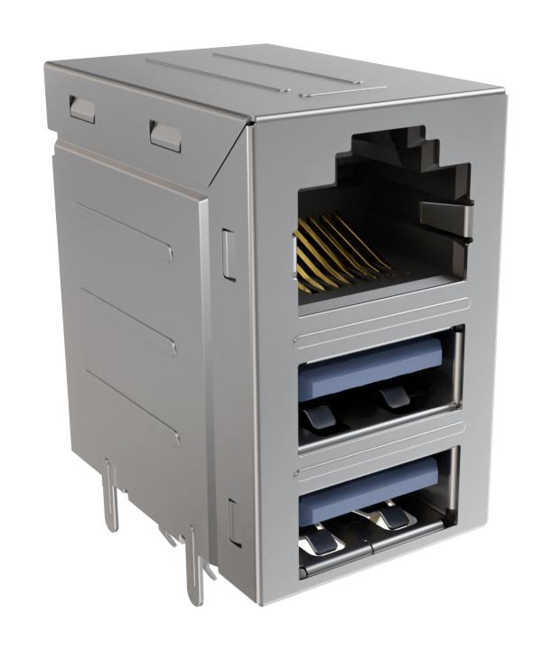 AMPHENOL COMMUNICATIONS SOLUTIONS RJE361882205 Modular Connector, RJ45 Jack with USB, 3 x 1 (Stacked), 8P8C, Cat3, Cat5, PCB Mount