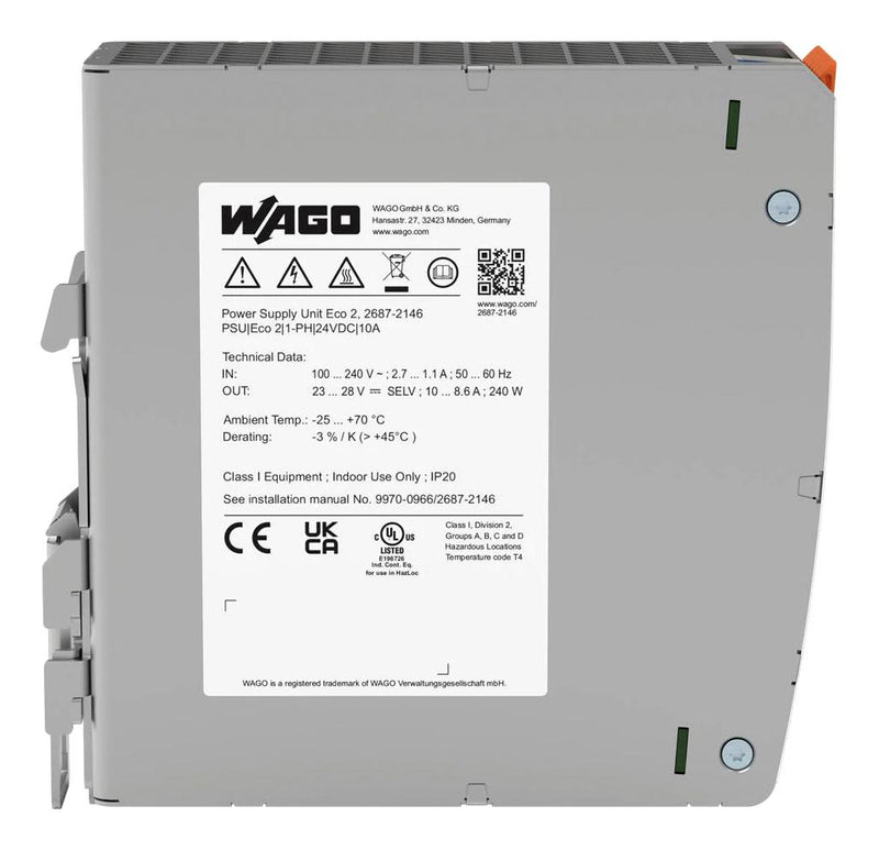 WAGO 2687-2146 AC/DC DIN Rail Power Supply (PSU), Laboratory Equipment, 1 Output, 240 W, 24 VDC, 10 A