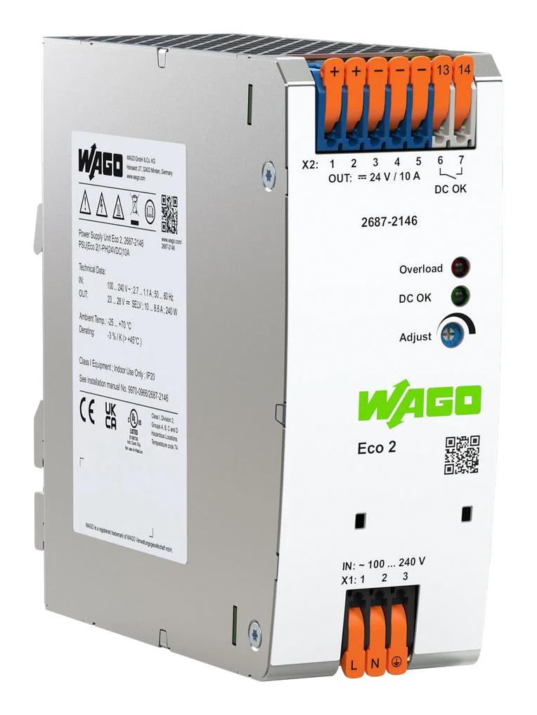 WAGO 2687-2146 AC/DC DIN Rail Power Supply (PSU), Laboratory Equipment, 1 Output, 240 W, 24 VDC, 10 A