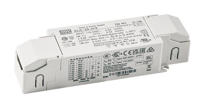 MEAN WELL XLC-25-24-S LED Driver, W/Strain-Relief, LED Lighting, 25.2 W, 24 V, 1.05 A, Constant Voltage, 110 V