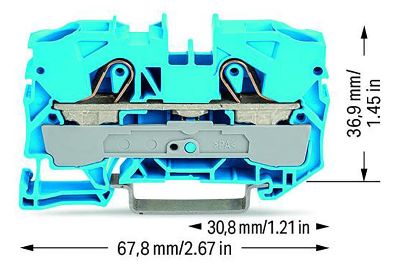 WAGO 2010-1204 DIN Rail Mount Terminal Block, Blue, 2 Ways, 20 AWG, 6 AWG, 10 mm&sup2;, Clamp, 57 A