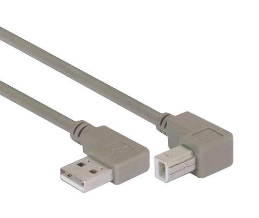 L-COM CA90RA-UB-03M USB Cable, 90&deg; Type A Plug to 90&deg; Type B Plug, 300 mm, 11.8 ft, USB 2.0, Grey