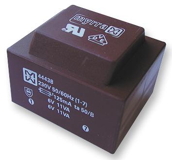 MYRRA 44440 PCB Transformer, EI 60, Encapsulated Safety Isolating, 230V, 2 x 12V, 22 VA, 50Hz / 60Hz