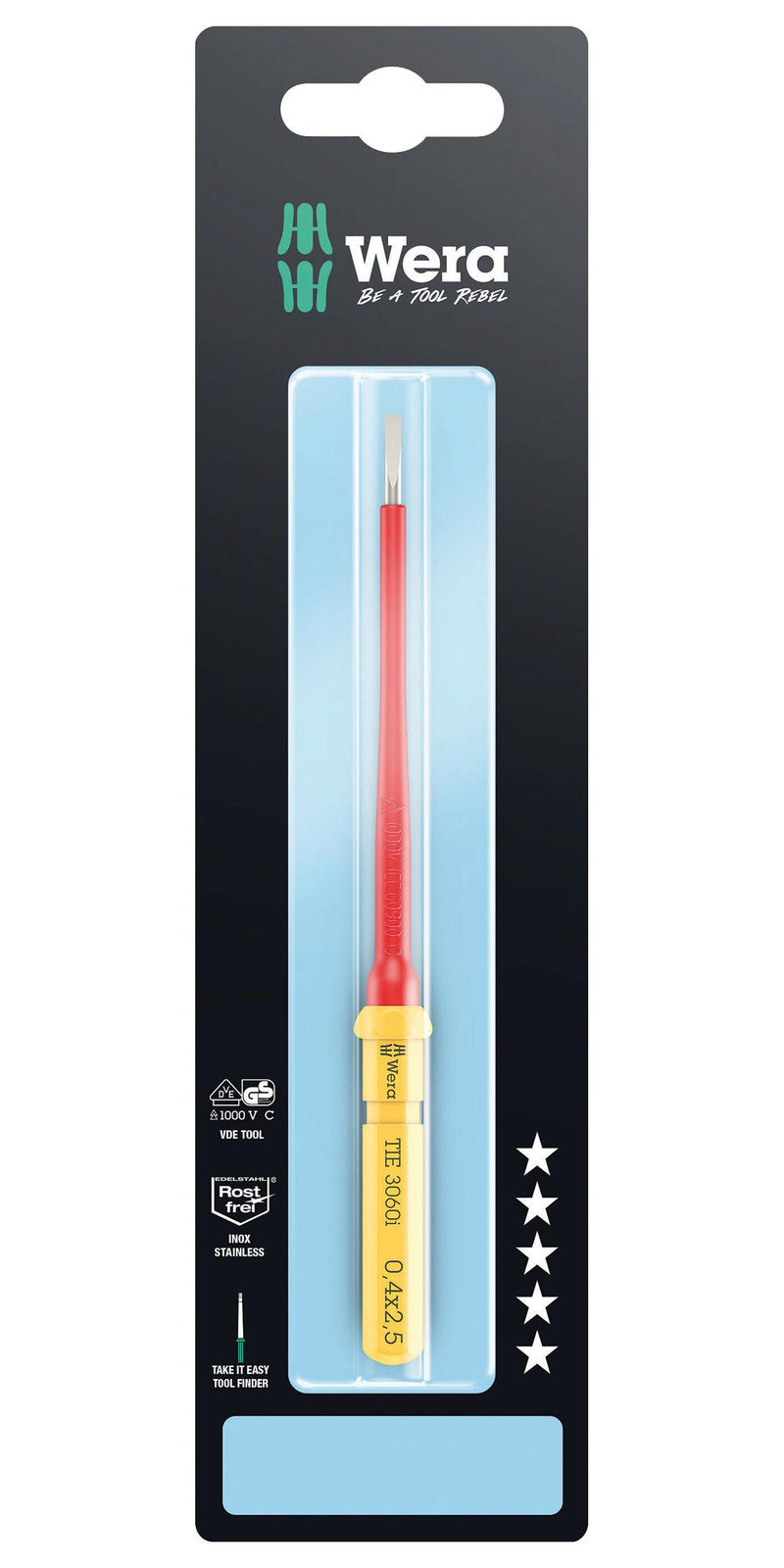 WERA K K VDE 3060 I 0,4X2,5X157 MM TIE SB Interchange Screwdriver, VDE, Slotted, Stainless Steel, 0.4 mm x 2.5 mm x 157 mm