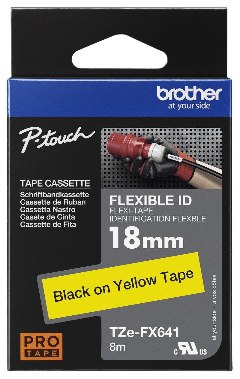 BROTHER TZE-FX641 Label Printer Tape, Self-Laminating, Black on Yellow, 8 m x 18 mm