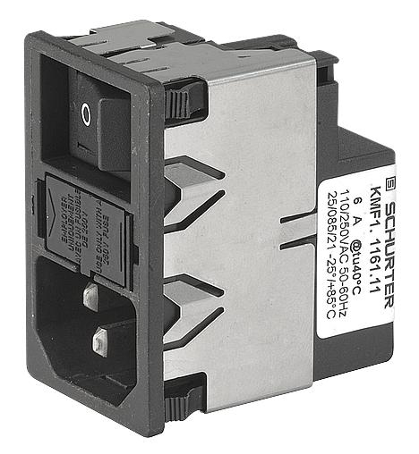 SCHURTER KMF1.1221.11 Filtered IEC Power Entry Module, IEC C14, General Purpose, 2 A, 250 VAC, 2-Pole Switch