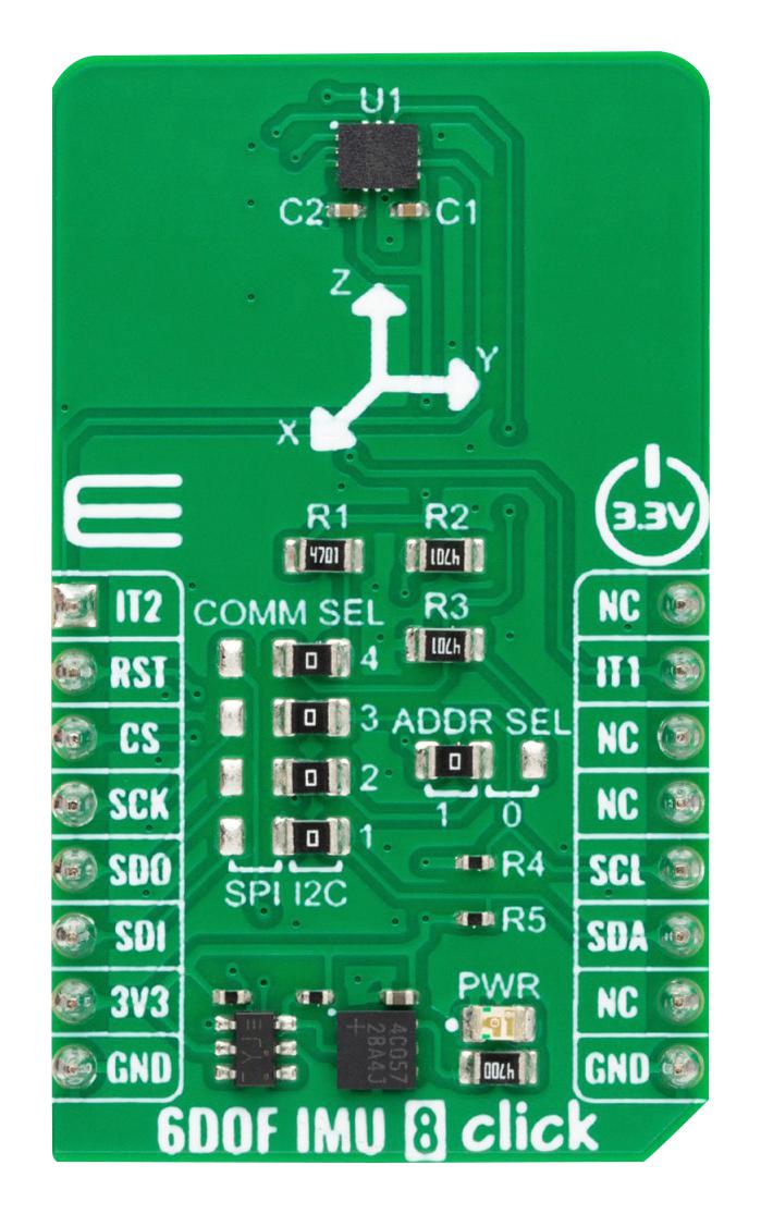 MIKROELEKTRONIKA MIKROE-5763 Add-On Board, 6DOF IMU 8 Click, ISM330DLC, 3-Axis Accelerometer, 3-Axis Gyroscope, I2C, SPI, 3.3V in