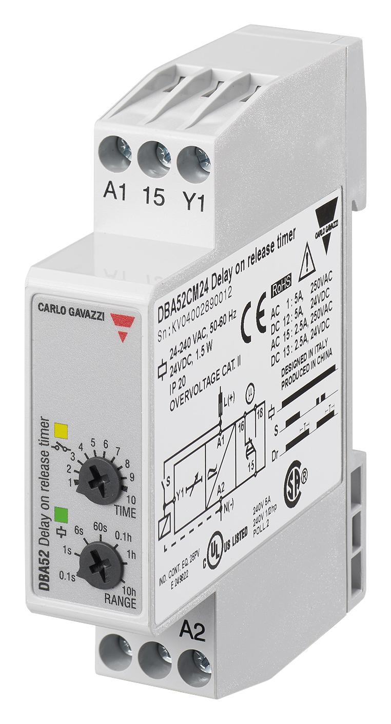 CARLO GAVAZZI DBA52CM24 Analogue Timer, DBA52 Series, Delay-On-Release, 0.1 s, 100 h, 7 Ranges, 1 Changeover Relay