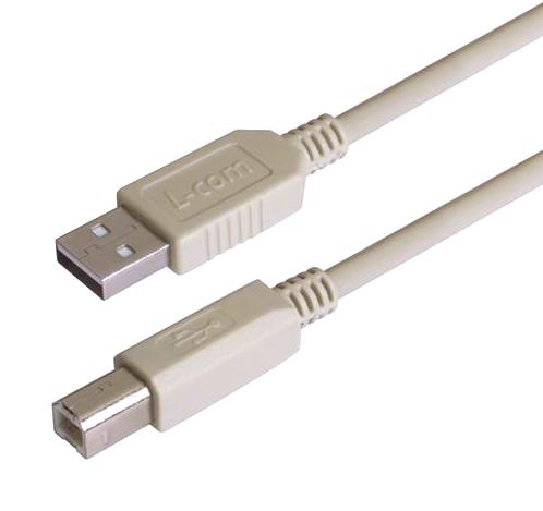 L-COM CSMUAB-03M USB Cable, Type A Plug to Type B Plug, 300 mm, 11.8 ", USB 2.0, Light Grey