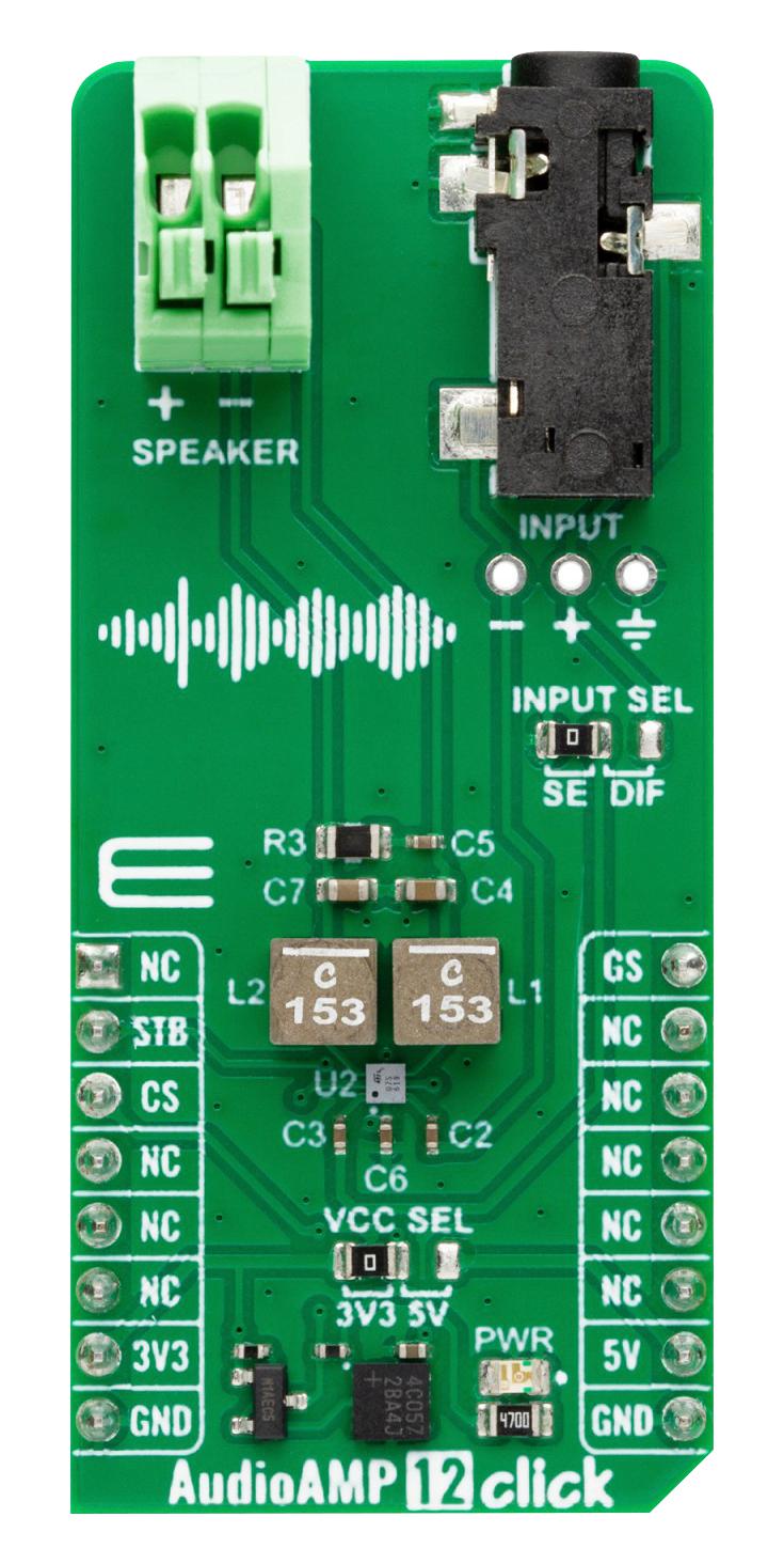 MIKROELEKTRONIKA MIKROE-5796 Add-On Board, AudioAMP 12 Click, 3.3V/5V in, GPIO Interface, Amplifier