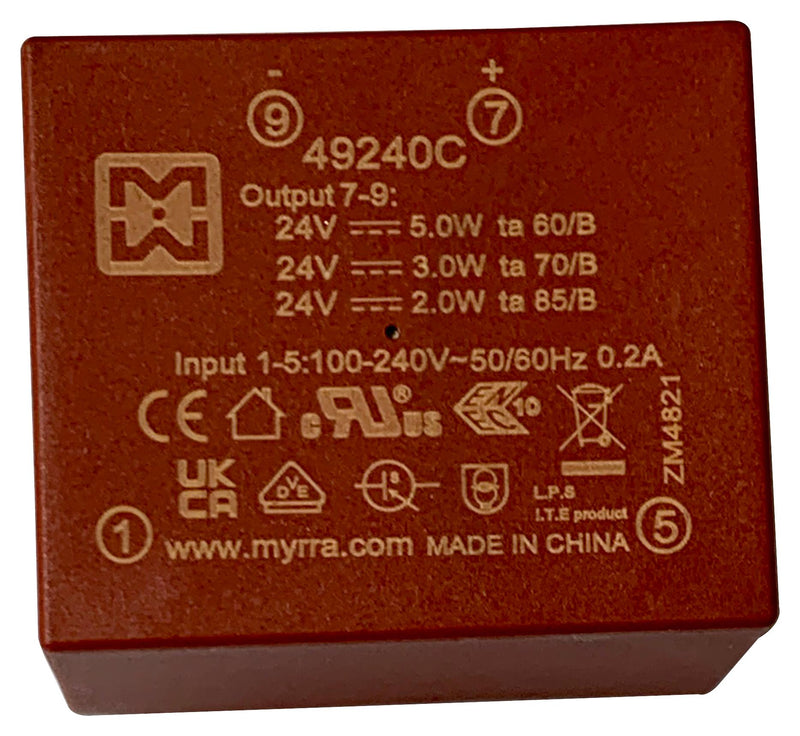MYRRA 49240C AC/DC PCB Mount Power Supply (PSU), ITE & Household, 1 Output, 5 W, 24 VDC, 210 mA