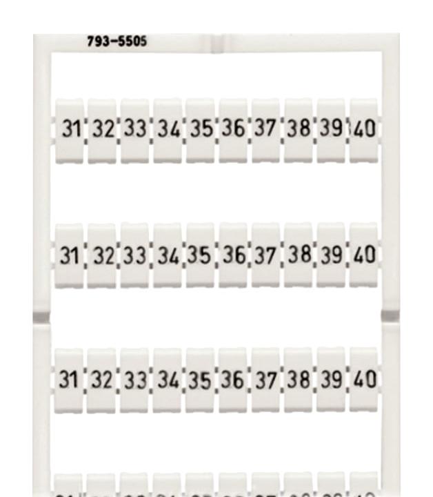 WAGO 793-5505 Terminal Block Marker, White, Black Marking, Marking Card, WAGO 5mm Width Terminal Blocks, 31 to 40