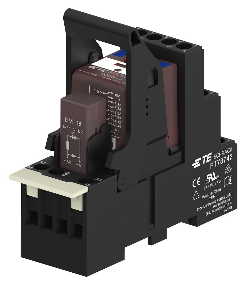 SCHRACK - TE CONNECTIVITY 1-1415535-8 Power Relay, 4PDT, 24 VDC, 6 A, PT, DIN Rail, Non Latching