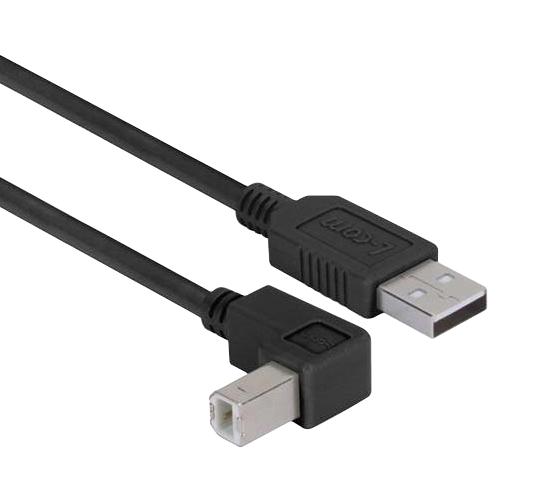 L-COM CAABLK-90DB-2M USB Cable, Type A Plug to 90&deg; Type B Plug, 2 m, 6.6 ft, USB 2.0, Black