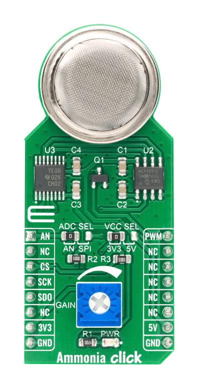 MIKROELEKTRONIKA MIKROE-4151 Click Board, Ammonia Click, Gas, MQ-137, Analog, GPIO, SPI, mikroBUS, 3.3 V/5V, 57.15 mm x 25.4 mm