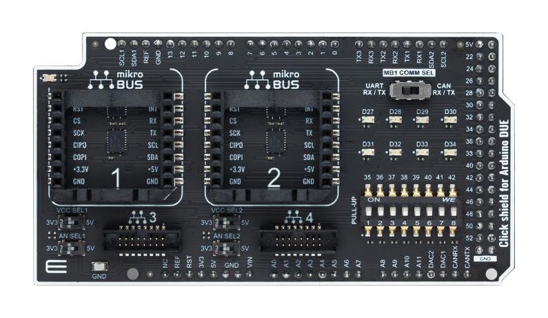 MIKROELEKTRONIKA MIKROE-6235 Click Shield, MIKROE-6235, Analogue, GPIO, I2C, PWM, SPI, UART, 3.3V/5V in, Arduino DUE Boards