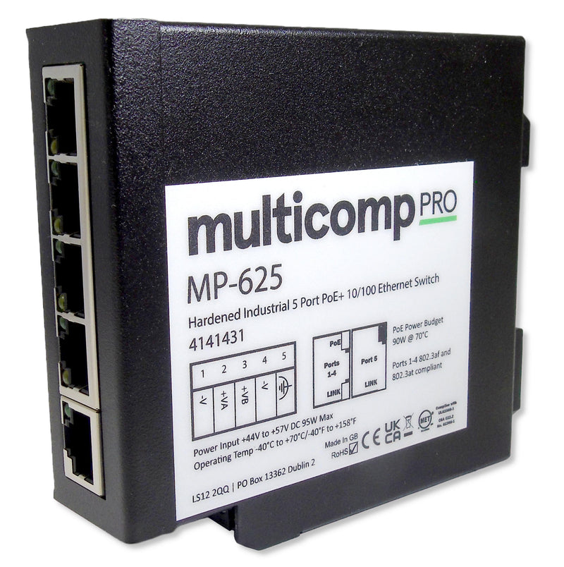 Multicomp PRO MP-625 MP-625 Switch 5 Ports Industrial Unmanaged PoE Fast Ethernet DIN Rail RJ45 x 10Mbps 100Mbps New