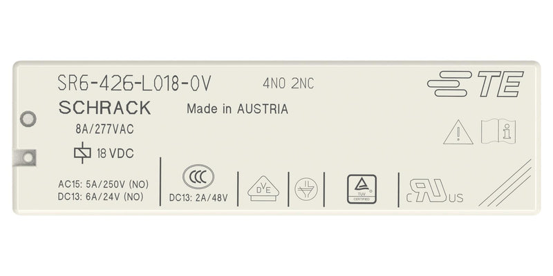 SCHRACK - TE CONNECTIVITY 2-1558739-6 Power Relay, 4PST-NO, DPST-NC, 18 VDC, 8 A, SR6 Series, Through Hole, Non Latching