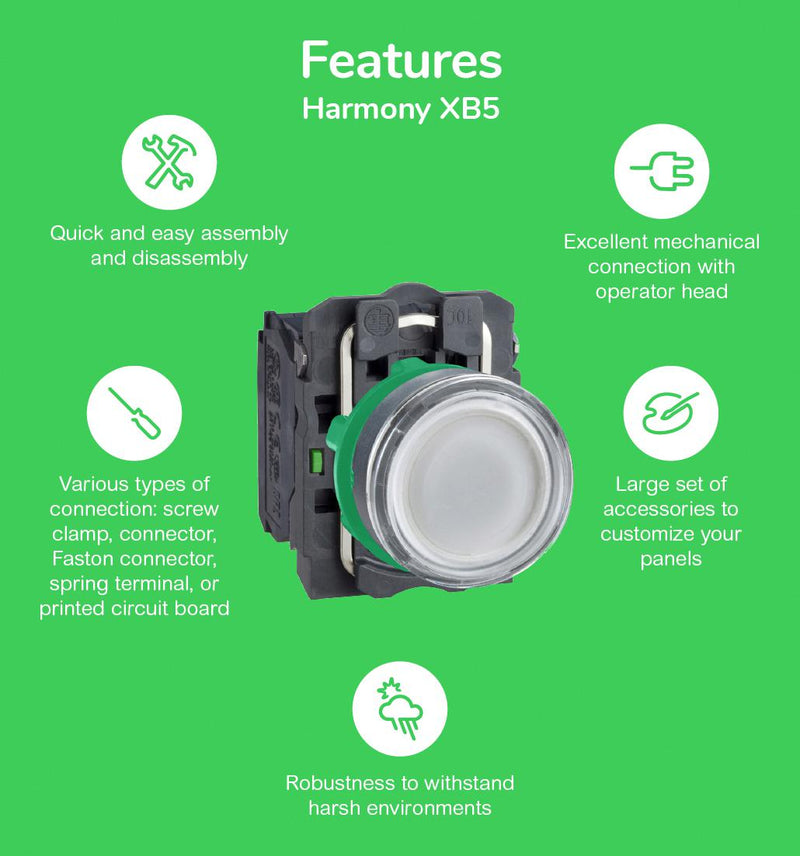 SCHNEIDER ELECTRIC XB5AVG3 LED Panel Mount Indicator, Pilot Light, Green, 120 VAC, 22 mm, 14 mA, IP66, IP67, NEMA 4X, NEMA 13