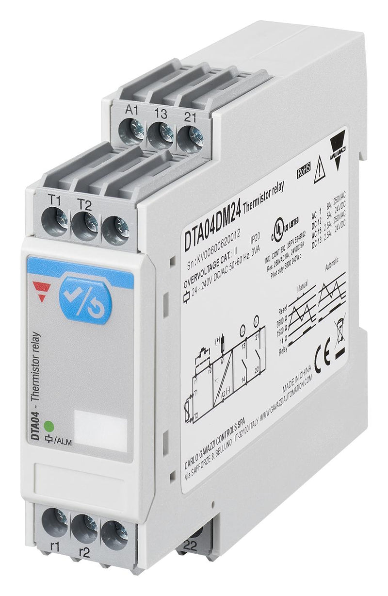 CARLO GAVAZZI DTA04DM24 Motor Thermistor Relay, 2 x SPST-NO, 8A, 240V, -25&deg;C to 60&deg;C, DIN Rail, DTA04 Series