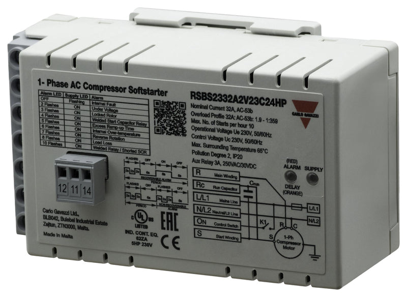 CARLO GAVAZZI RSBS2332A2V23C24HP Soft Starter, 1-Phase, 32 A, 195.5 to 264.5 VAC, 4.4 kW, IP20, RSBS Series