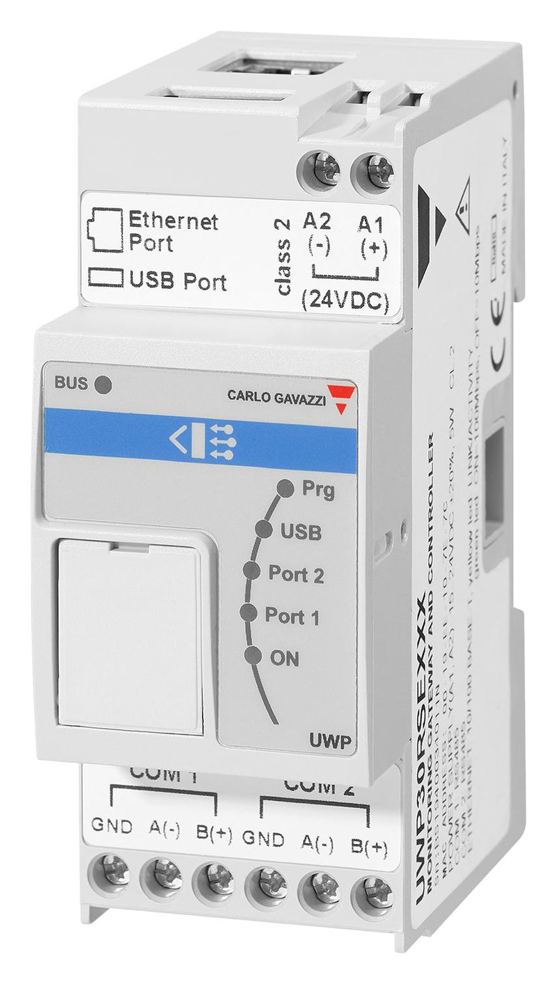 CARLO GAVAZZI UWP30RSEXXXSE Wireless Gateway, 10Mbps, 100Mbps, RJ45 x 1, RS485 x 2, USB x 2, DIN Rail Mount