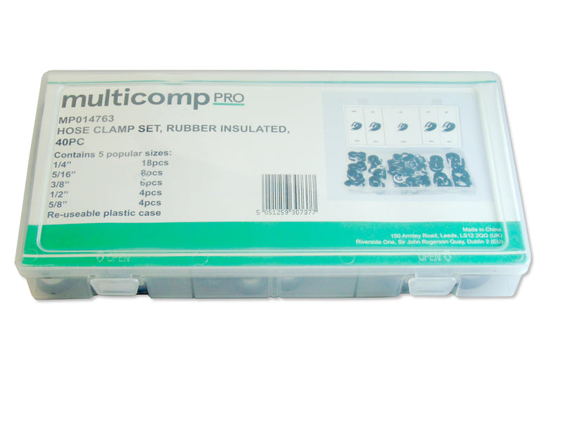 MULTICOMP PRO MP014763 Rubber Insulated Hose Clamp, 40 Pieces of 1/4", 5/16", 3/8", 1/2", 5/8" Clamp Assortment