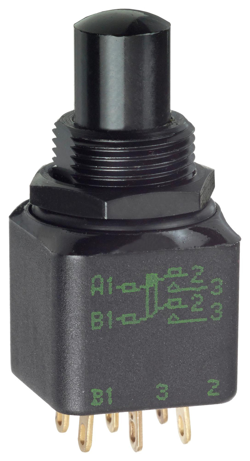 APEM 13445-9X778 Pushbutton Switch, 9mm Plunger, 13000 Series, 12 mm, DPDT, On-(On), Round Plunger