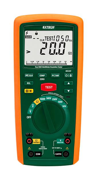 EXTECH INSTRUMENTS MG320 Insulation Tester, Digital Megohmmeter, 50V, 100V, 250V, 500V, 1kV, 50Mohm to 20Gohm, 0 &deg;C, 40 &deg;C