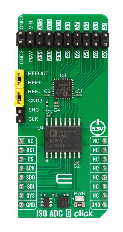 MIKROELEKTRONIKA MIKROE-5901 Add-On Board, ISO ADC 6 Click, 8 Channel, 24 Bit, MikroE mikroBUS Compatible Development Board